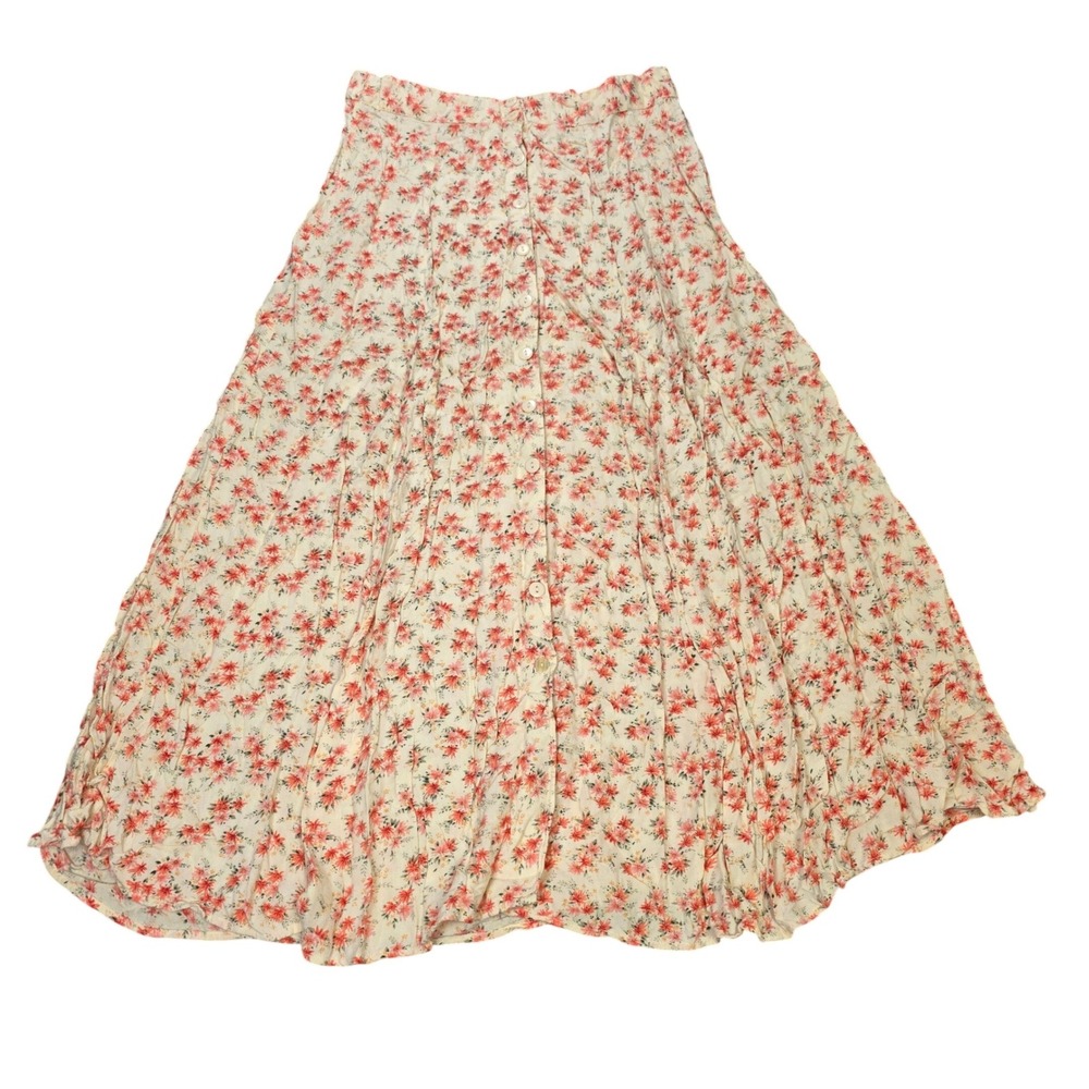 Vintage At Last Studio Floral Button Front Midi Skirt Women's Size XL Cream Pink